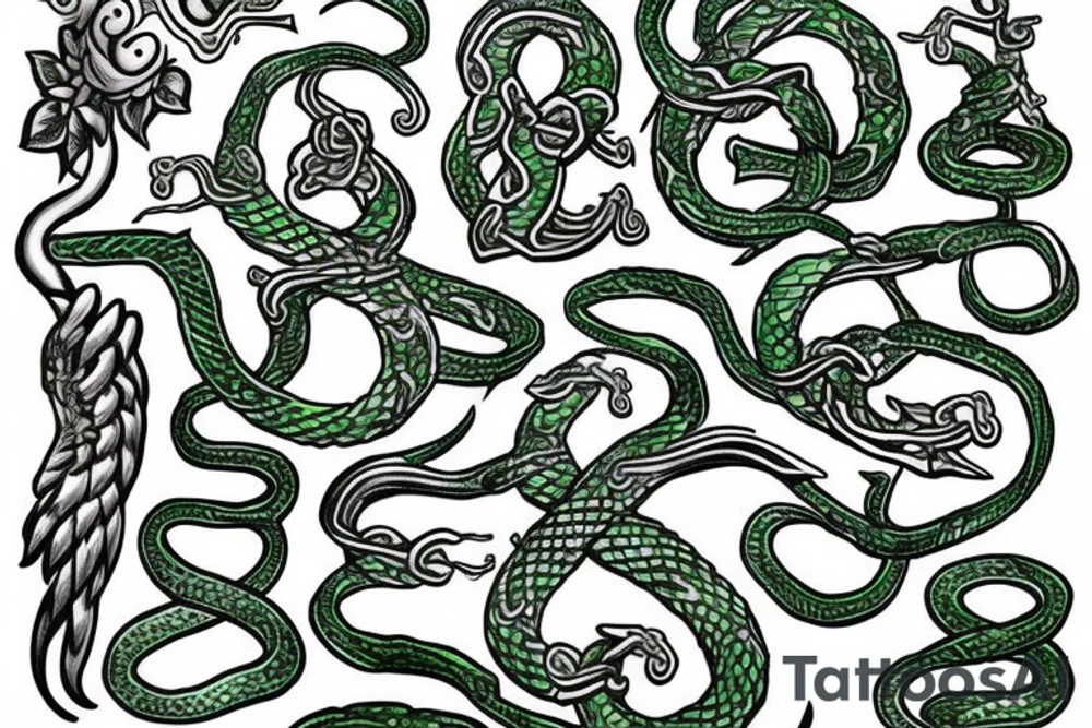 Caduceus with green snakes tattoo idea
