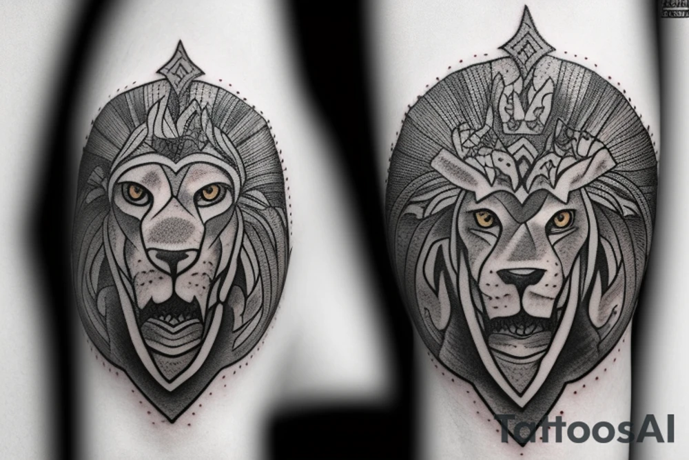 Lion Head. Underneath it stays Spartan warrior with a pike and shield. Smoke as background tattoo idea