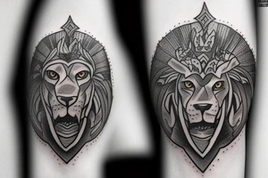 Lion Head. Underneath it stays Spartan warrior with a pike and shield. Smoke as background tattoo idea