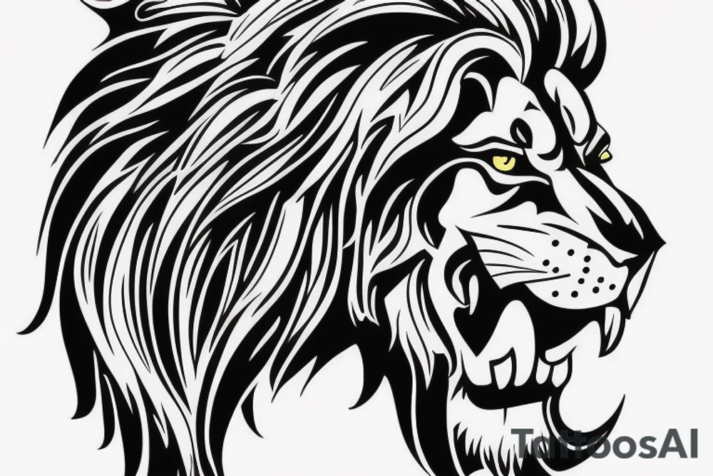 realistic lion head with spartan warrior staying under it with pike in his hands. tattoo idea