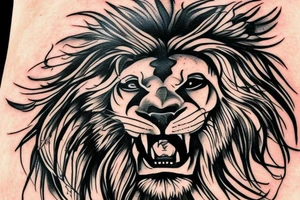 realistic lion head with spartan warrior staying under it with pike in his hands. tattoo idea
