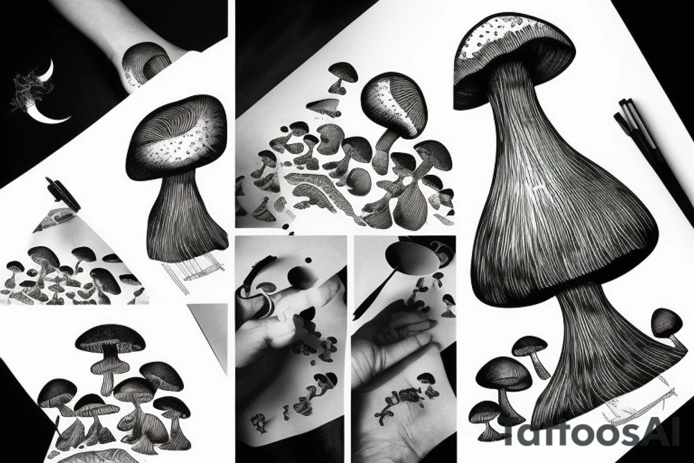 mushroom with moon and bee tattoo idea