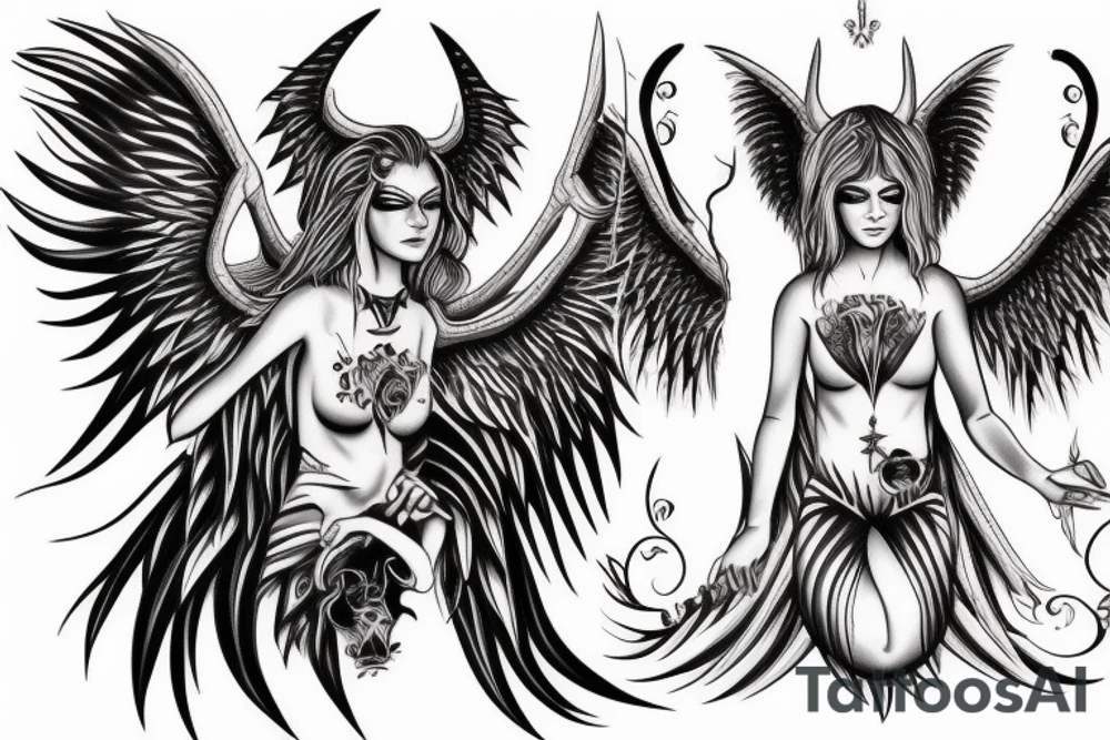 Female Nephilim with demon and angel wings tattoo idea