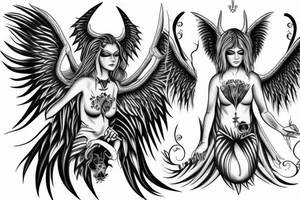 Female Nephilim with demon and angel wings tattoo idea