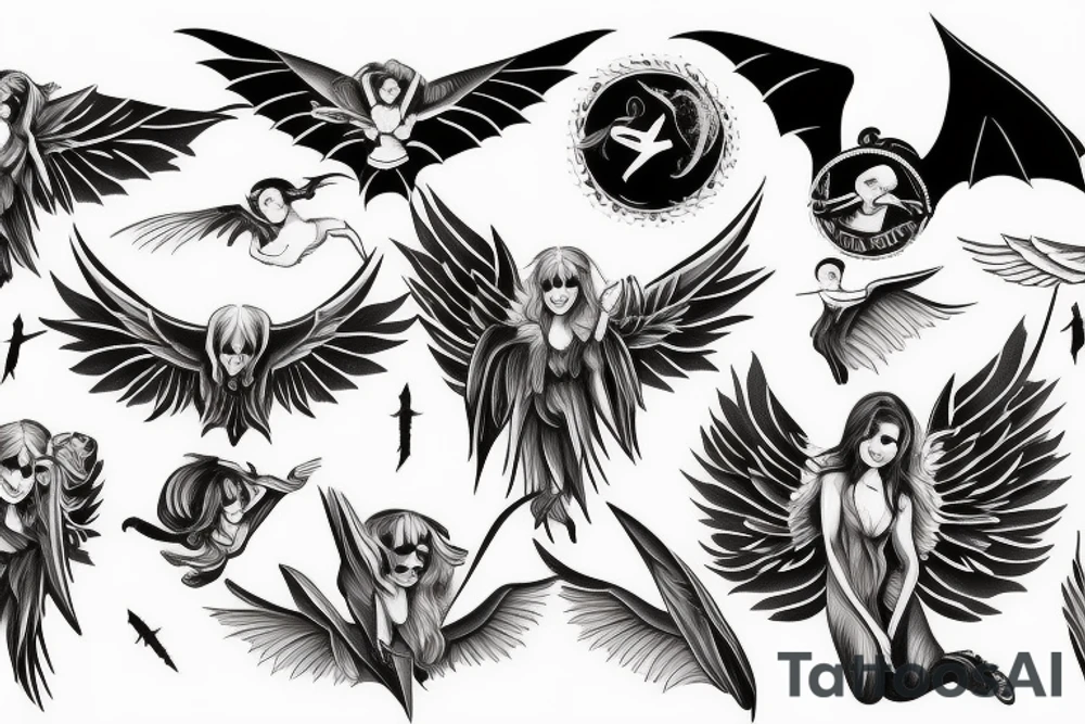 fallen angel with white wings and bat wings tattoo idea