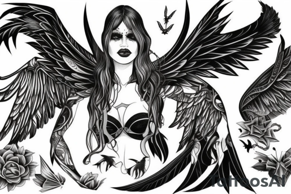 female Nephilim with white wings and bat wings tattoo idea