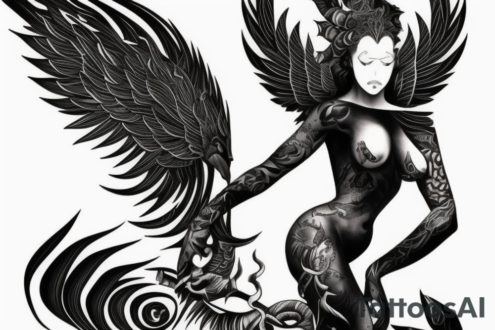 female nephilim descending to earth, back tattoo tattoo idea