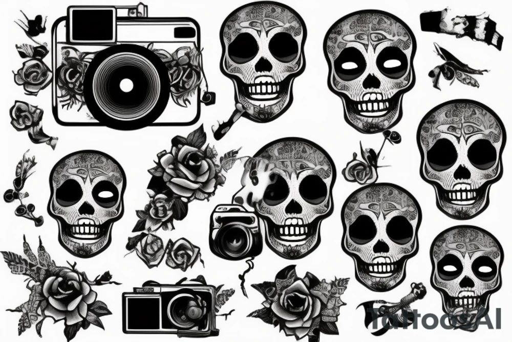 Skeleton holding a camera with photos falling tattoo idea Skeleton holding a camera with photos falling tattoo idea