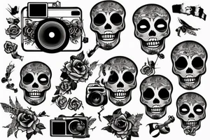 Skeleton holding a camera with photos falling tattoo idea