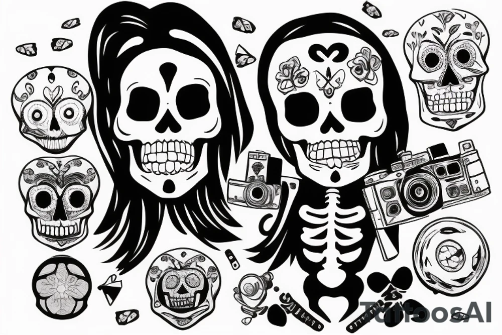 Skeleton holding a camera with photos falling tattoo idea Skeleton holding a camera with photos falling tattoo idea