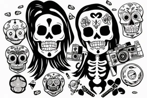 Skeleton holding a camera with photos falling tattoo idea