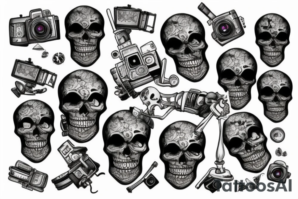 Skeleton holding a camera with photos falling tattoo idea