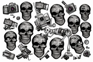 Skeleton holding a camera with photos falling tattoo idea