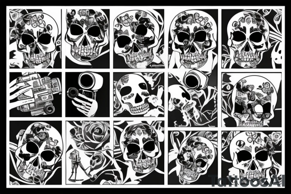 Skeleton holding a camera with photos falling tattoo idea Skeleton holding a camera with photos falling tattoo idea