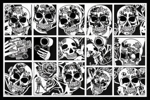 Skeleton holding a camera with photos falling tattoo idea