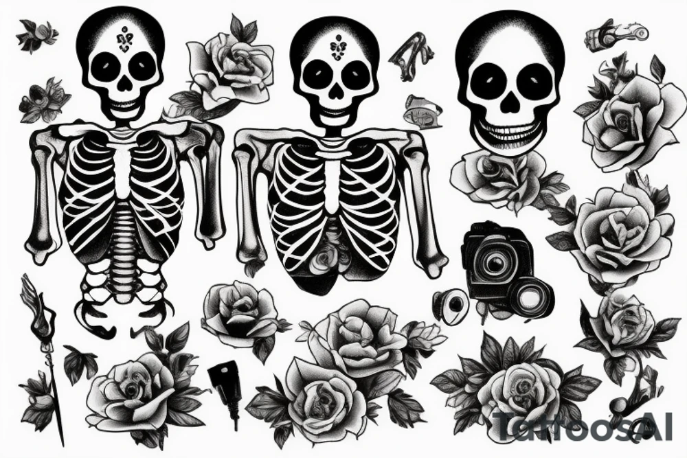 Skeleton holding a camera with photos falling tattoo idea Skeleton holding a camera with photos falling tattoo idea
