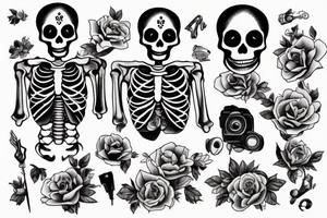 Skeleton holding a camera with photos falling tattoo idea