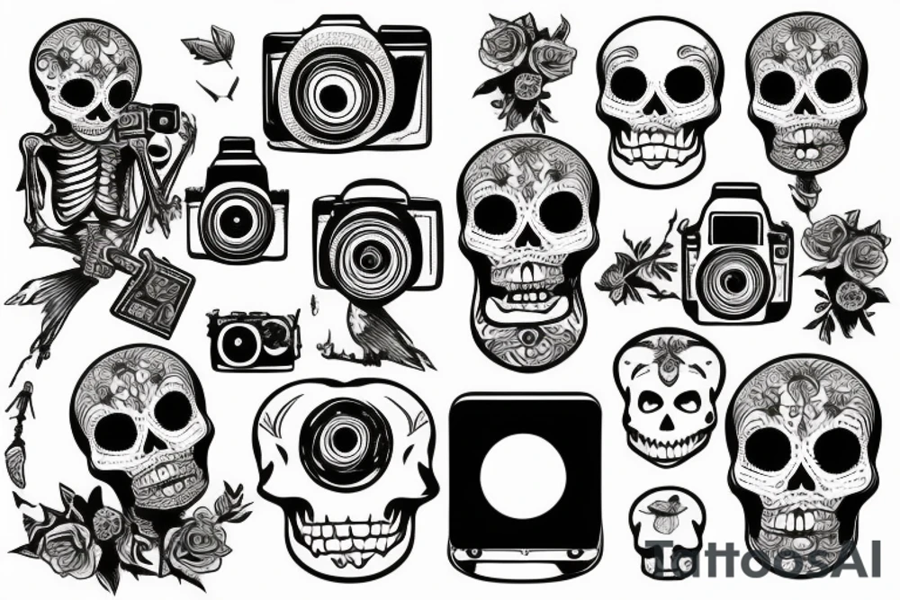 Skeleton holding a camera with photos falling tattoo idea Skeleton holding a camera with photos falling tattoo idea
