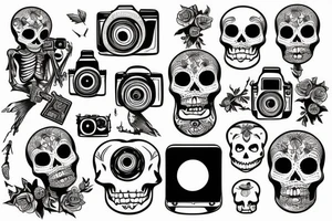 Skeleton holding a camera with photos falling tattoo idea