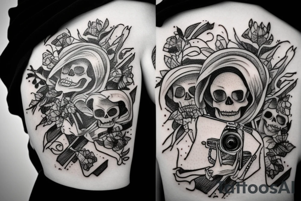 Skeleton holding a camera with photos falling tattoo idea Skeleton holding a camera with photos falling tattoo idea
