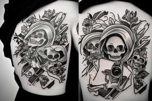 Skeleton holding a camera with photos falling tattoo idea