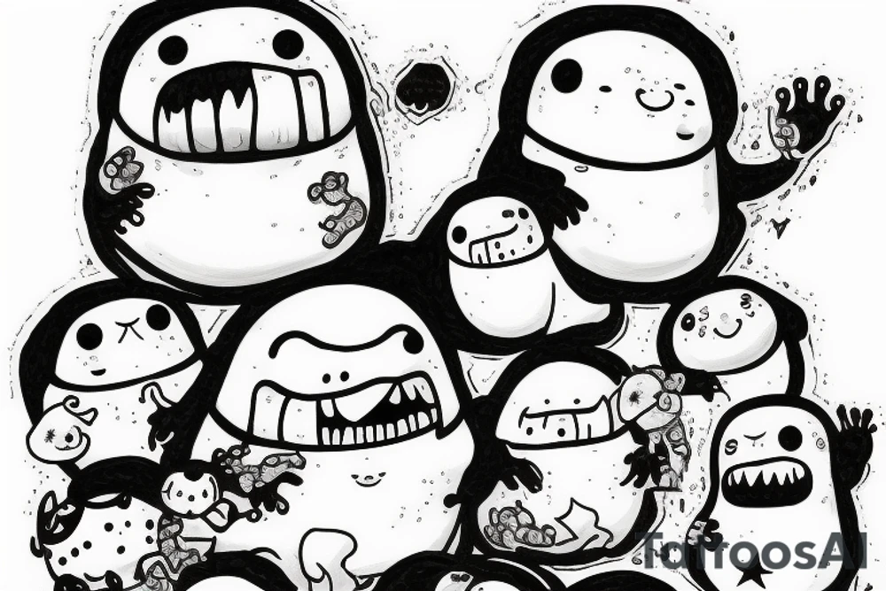 ominous adipose creatures climbing down themselves in a pile tattoo idea