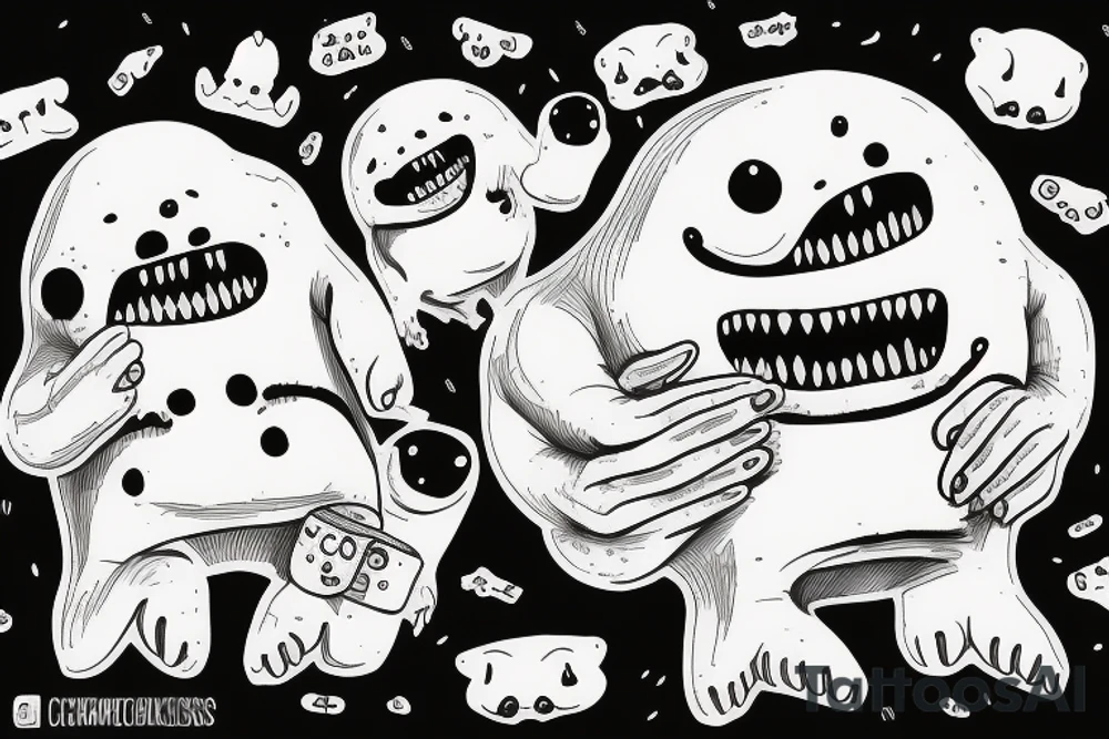 ominous adipose creatures climbing down themselves in a pile tattoo idea