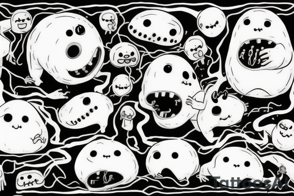67 ominous adipose creatures climbing down themselves in a pile tattoo idea