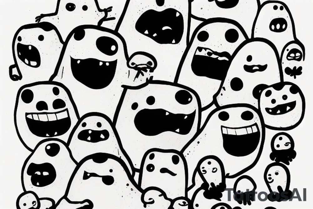 sixty-seven ominous adipose creatures climbing down themselves in a pile tattoo idea