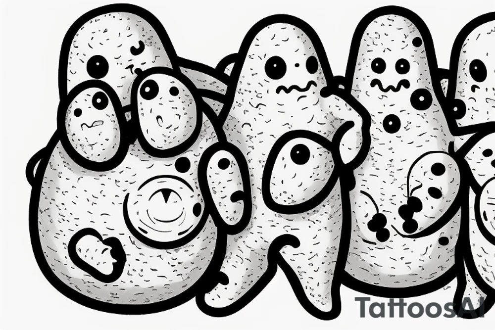 sixty-seven ominous adipose creatures climbing down themselves in a pile tattoo idea