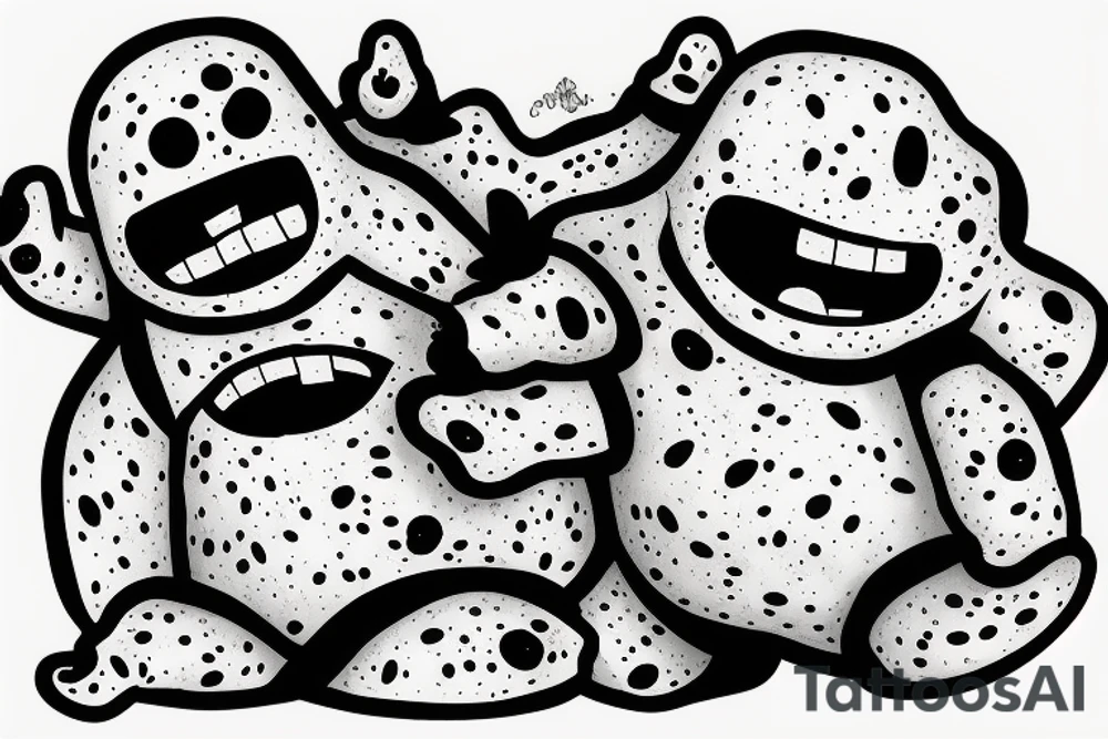 sixty-seven ominous adipose creatures climbing down themselves in a pile tattoo idea