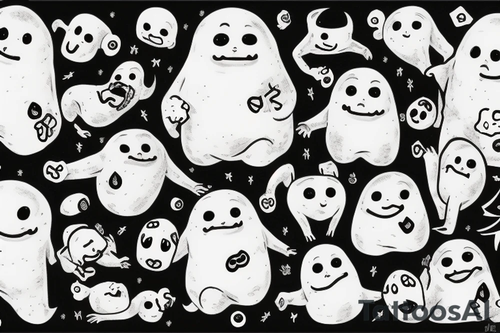 sixty-seven ominous adipose creatures climbing down themselves in a pile tattoo idea