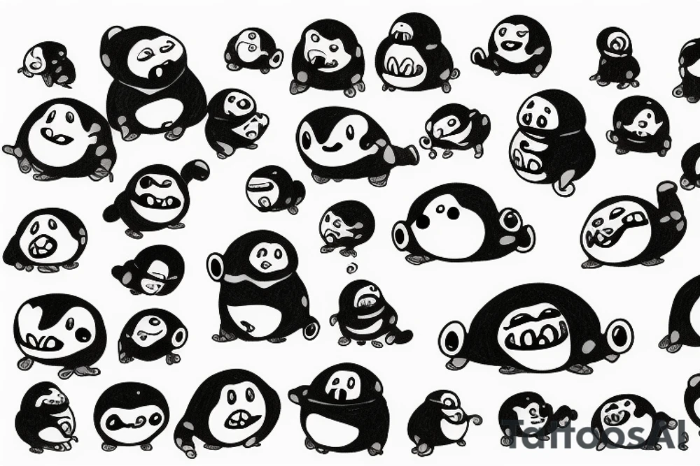 sixty-seven menacing adipose creatures climbing down themselves in a pile tattoo idea