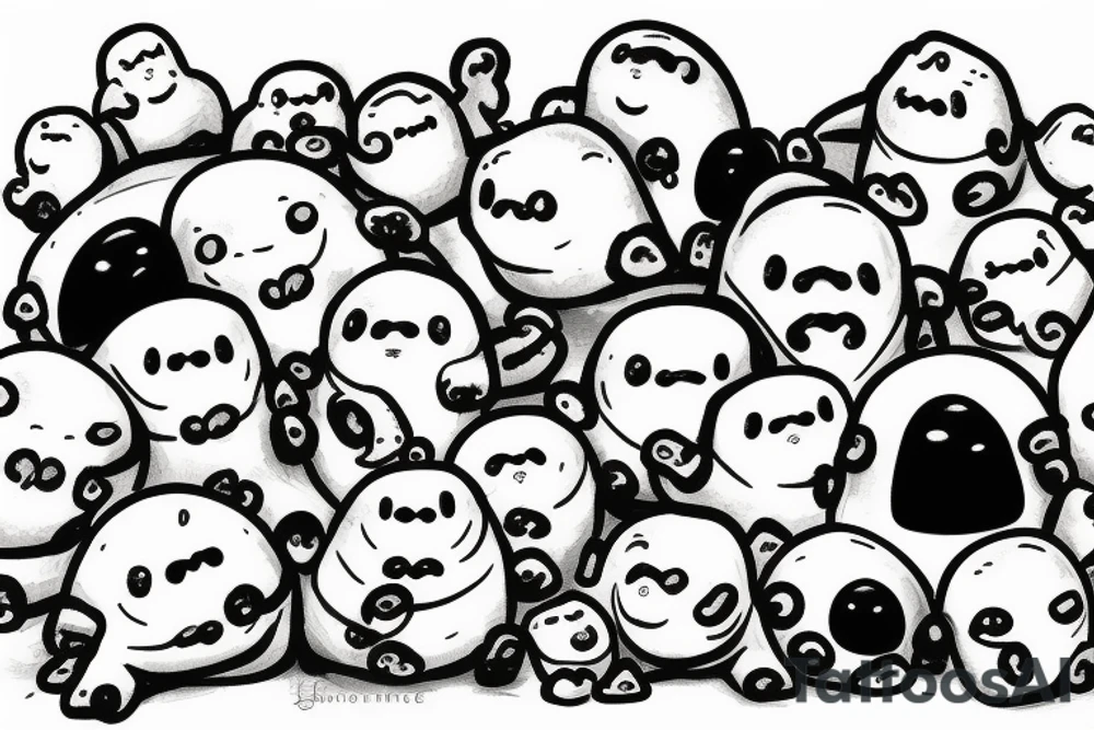 sixty-seven menacing adipose creatures climbing down themselves in a pile tattoo idea
