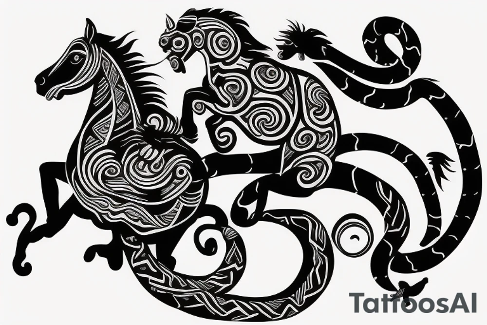 Horse with a monkey riding on top with a snake in his hand. tattoo idea