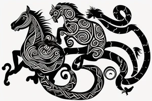 Horse with a monkey riding on top with a snake in his hand. tattoo idea