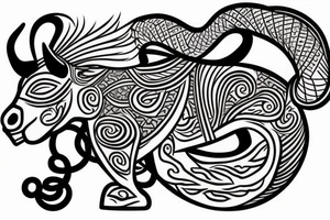 Horse with a monkey riding on top with a snake in his hand. tattoo idea