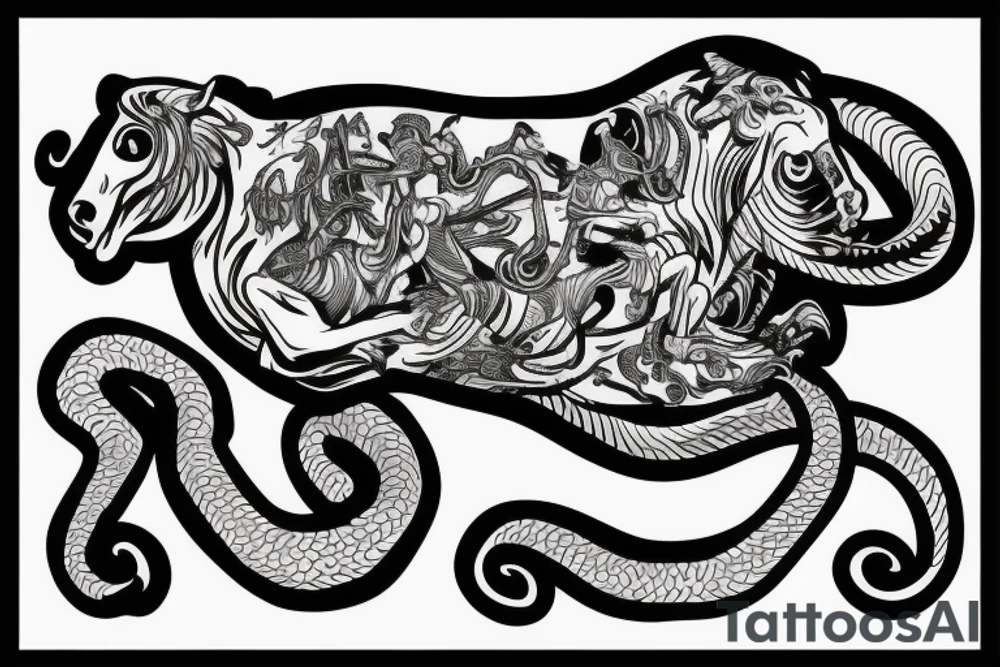 Monkey riding on top of a horse holding a snake tattoo idea