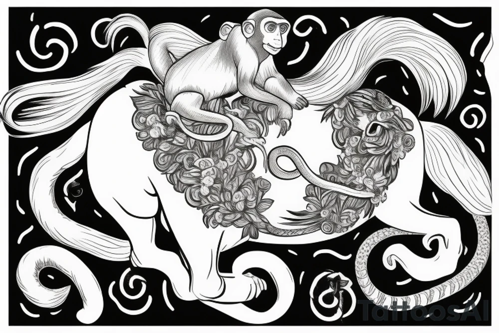 Monkey riding on top of a horse holding a snake tattoo idea