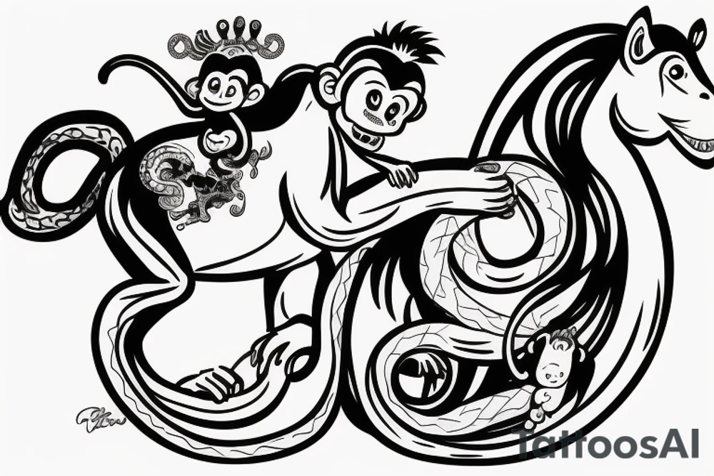 Monkey riding on top of a horse holding a snake tattoo idea