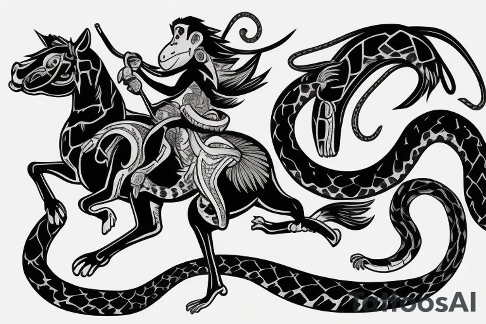 Monkey riding a horse with a snake as a whip tattoo idea