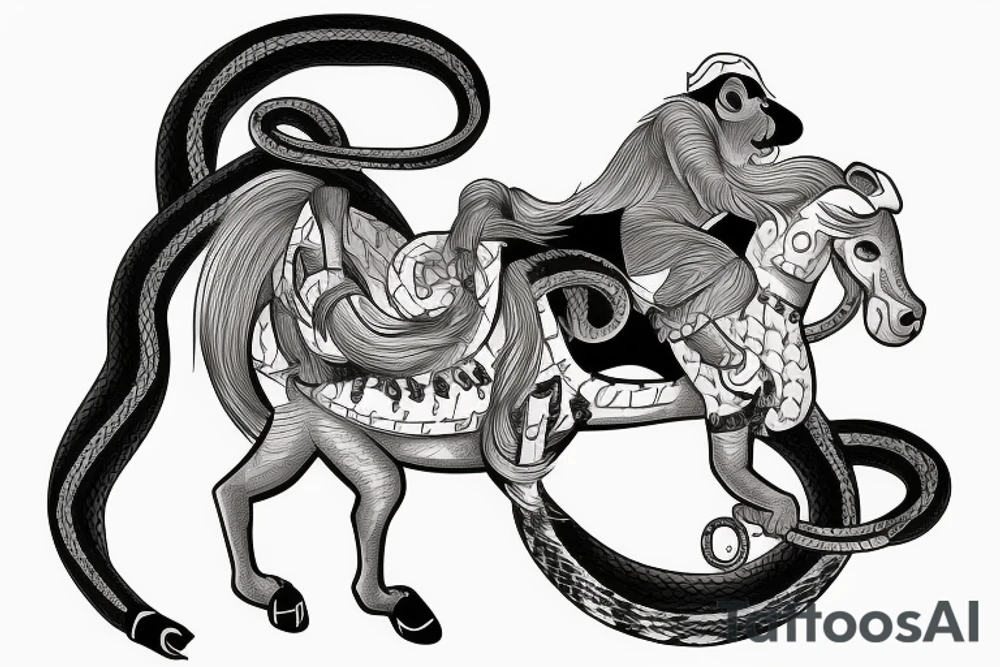 Monkey riding a horse with a snake as a whip tattoo idea