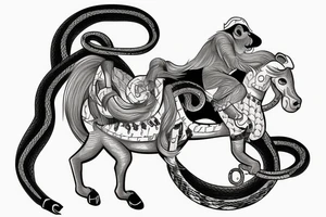 Monkey riding a horse with a snake as a whip tattoo idea