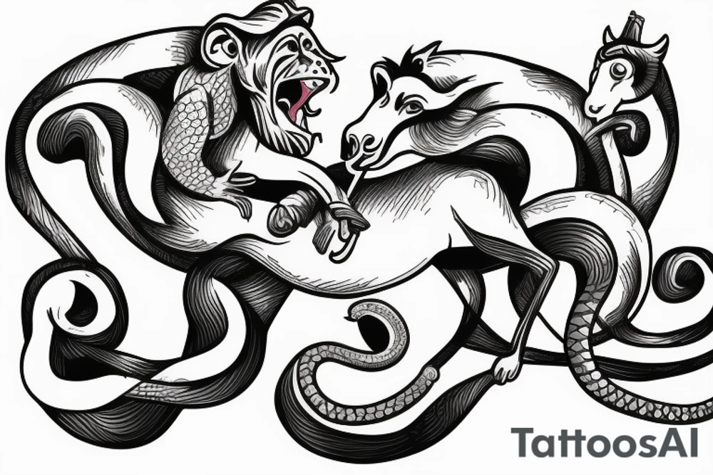 Monkey riding a horse with a snake as a whip tattoo idea