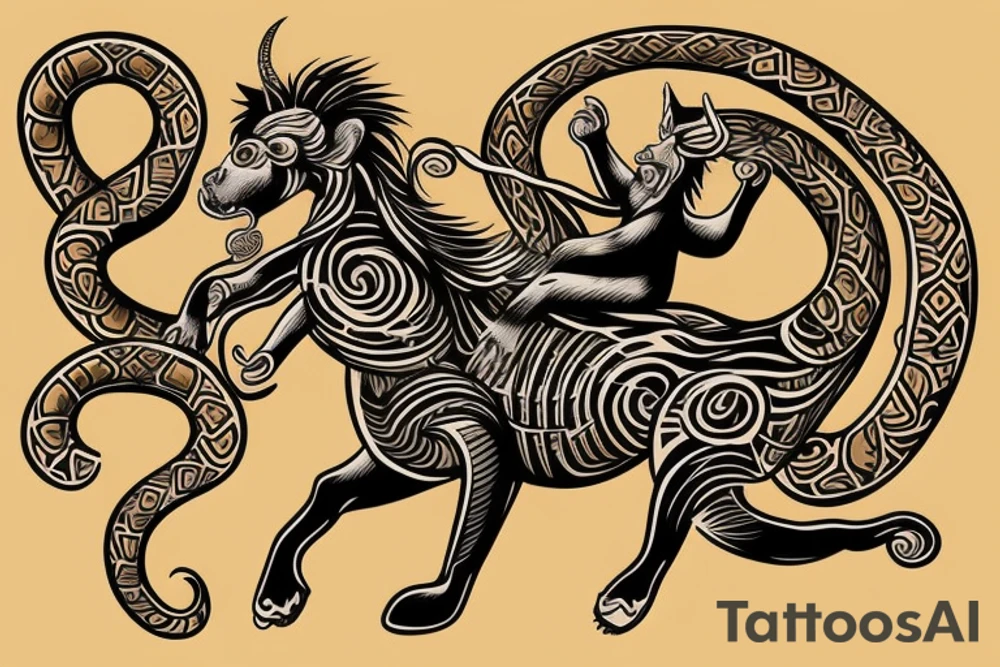 Monkey riding a horse with a snake as a whip tattoo idea