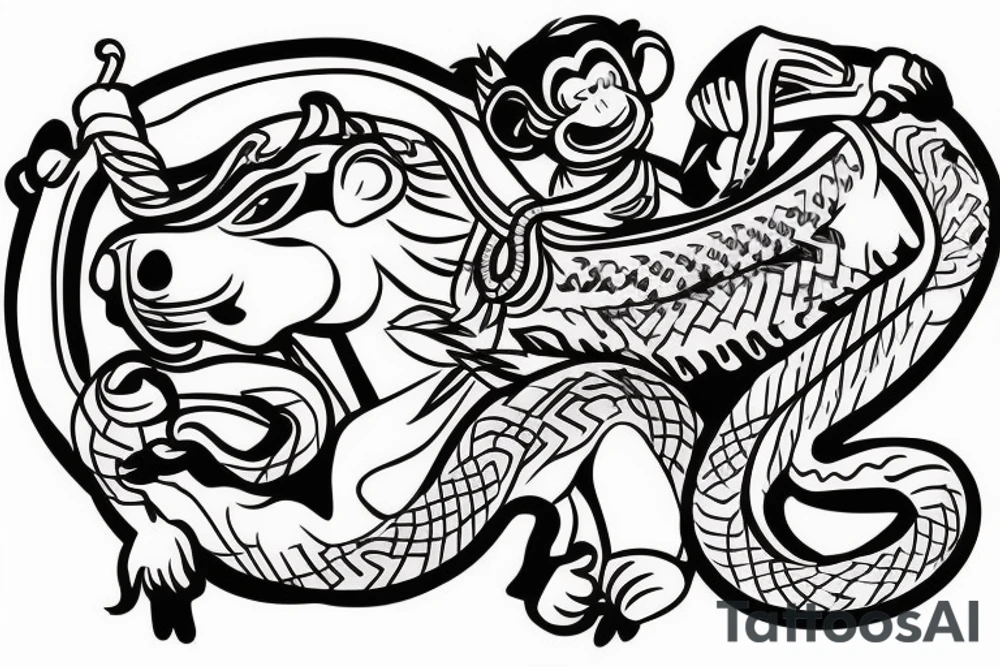 Monkey riding a horse with a snake as a whip tattoo idea