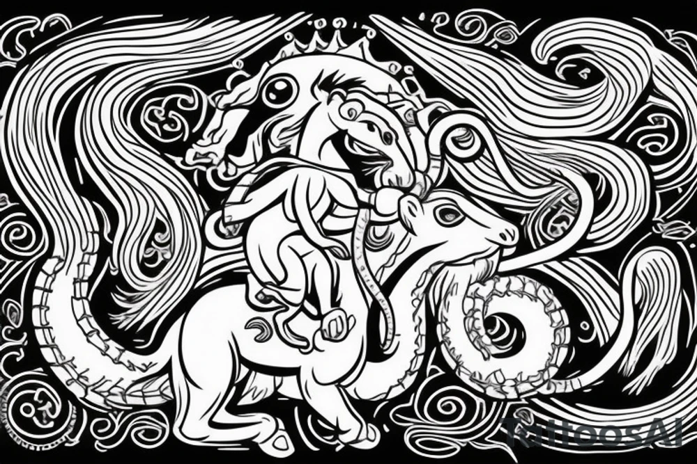 Small Monkey riding a horse with a snake as a whip tattoo idea