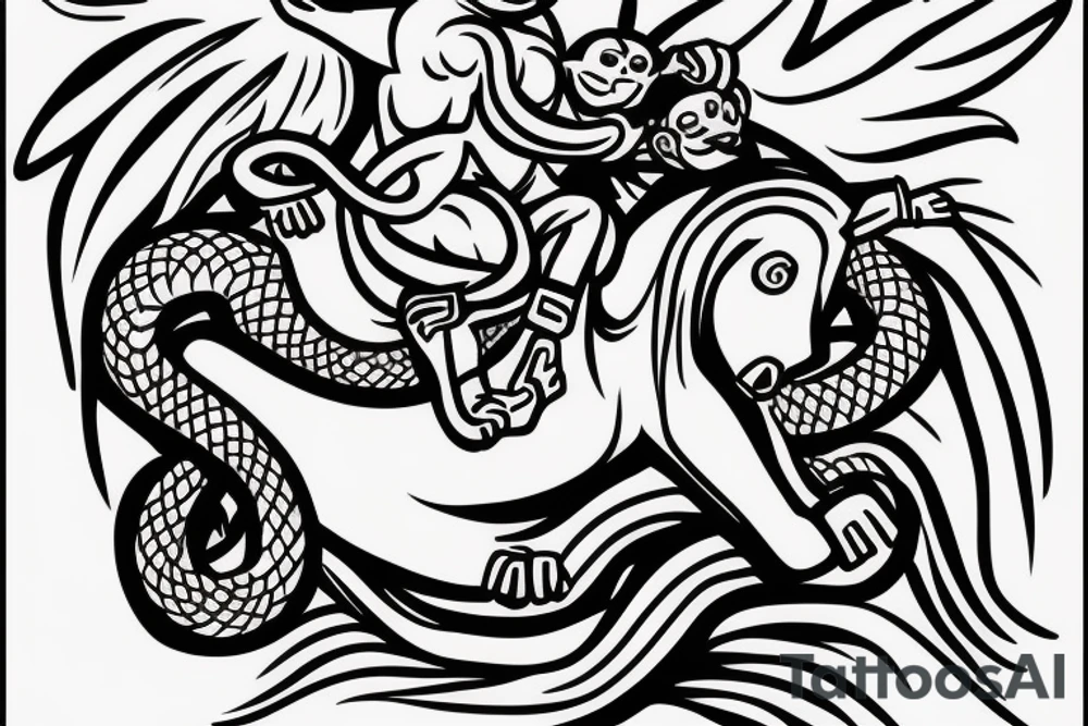Small Monkey riding a horse with a snake as a whip tattoo idea
