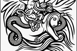 Small Monkey riding a horse with a snake as a whip tattoo idea