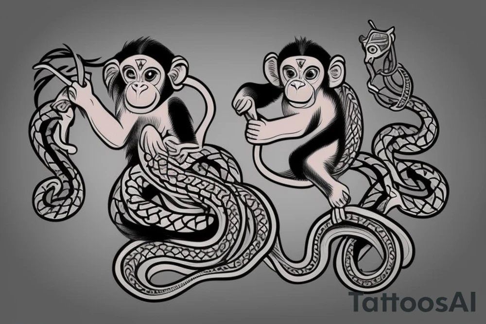 Small Monkey riding a horse with a snake as a whip tattoo idea
